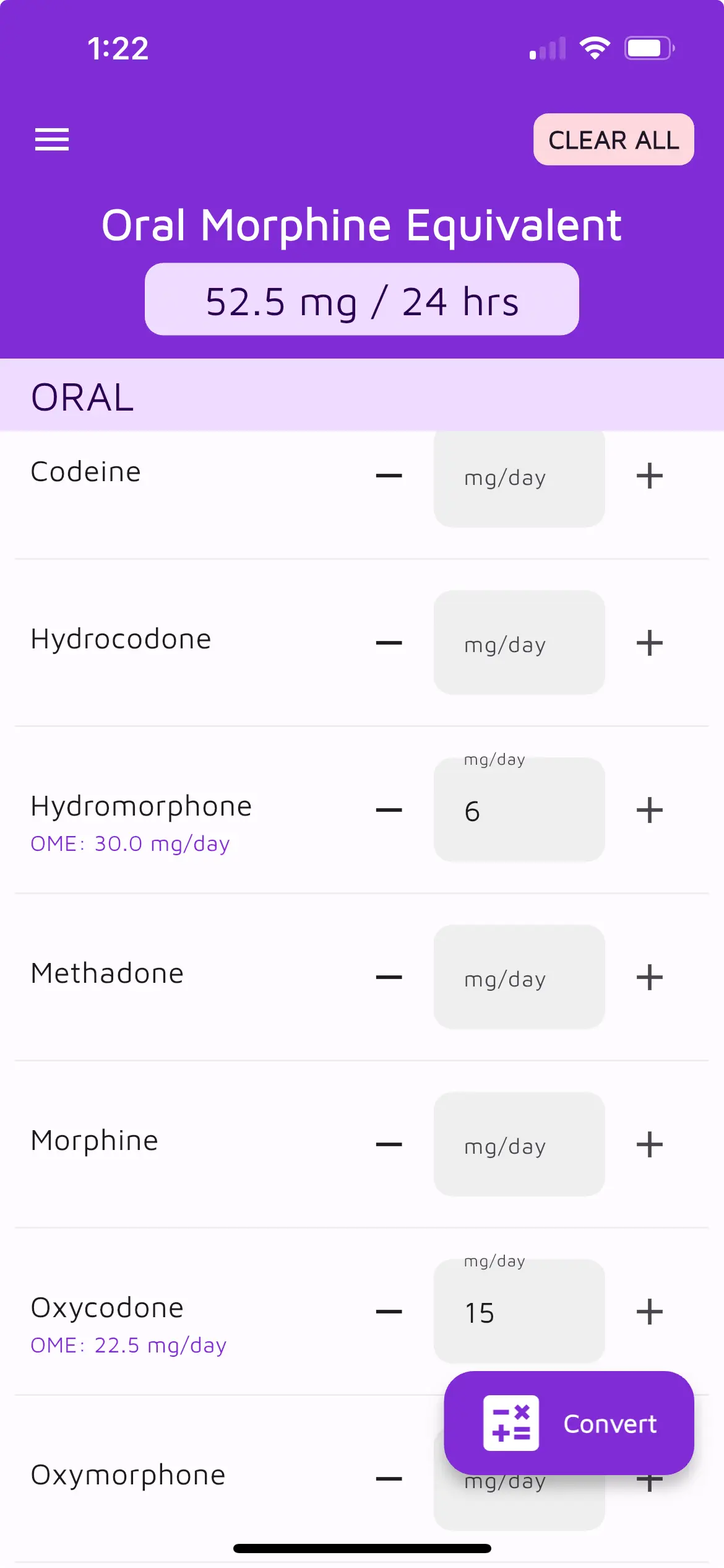 Opioid Conversion Calculator app screenshot in a mobile device frame